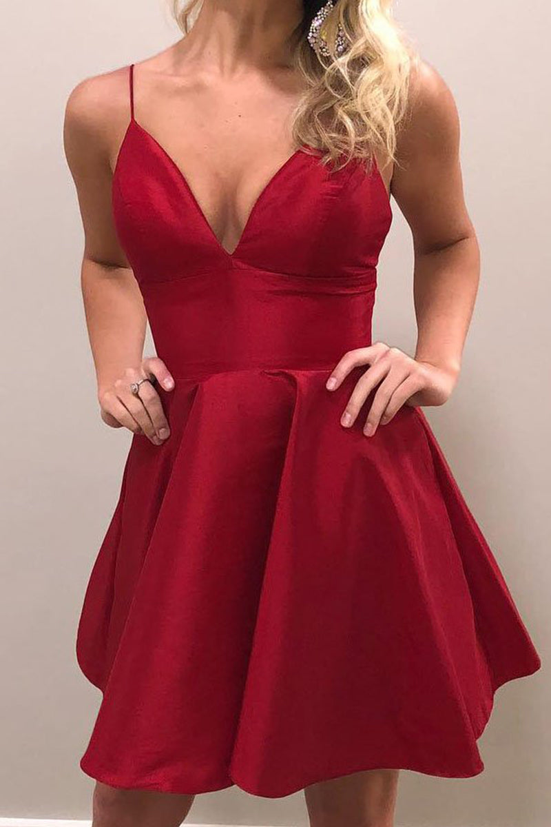 MACloth Spaghetti Straps V Neck Satin Mini Prom Homecoming Dress Hot Pink Cocktail Dress
