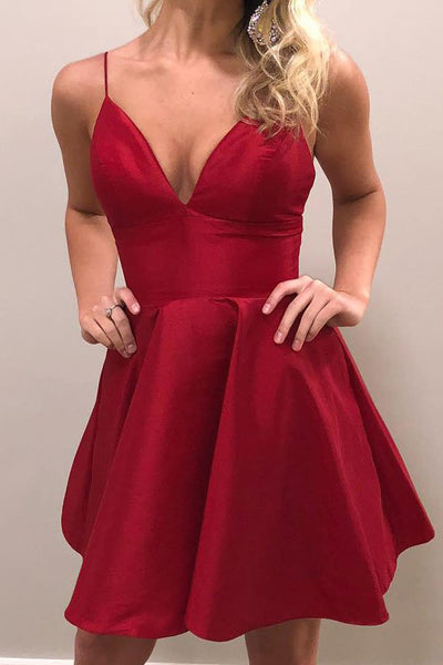 MACloth Spaghetti Straps V Neck Satin Mini Prom Homecoming Dress Hot Pink Cocktail Dress