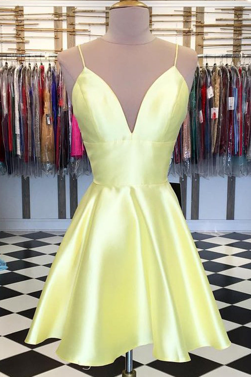 MACloth Spaghetti Straps V Neck Satin Mini Prom Homecoming Dress Hot Pink Cocktail Dress