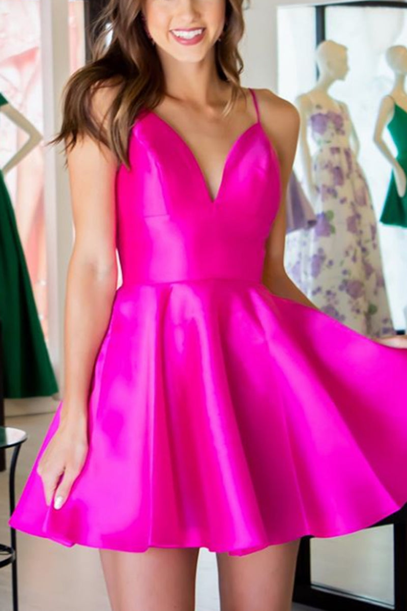 MACloth Spaghetti Straps V Neck Satin Mini Prom Homecoming Dress Hot Pink Cocktail Dress