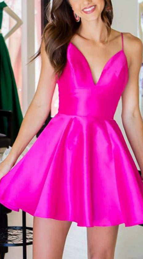 MACloth Spaghetti Straps V Neck Satin Mini Prom Homecoming Dress Hot Pink Cocktail Dress