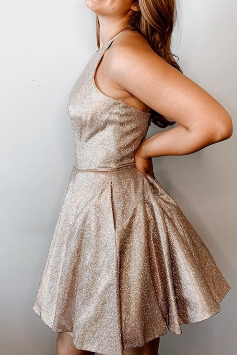 MACloth Halter O Neck Mini Prom Homecoming Dress Mocha Silver Cocktail Party Dress