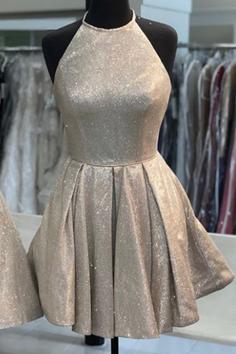 MACloth Halter O Neck Mini Prom Homecoming Dress Mocha Silver Cocktail Party Dress