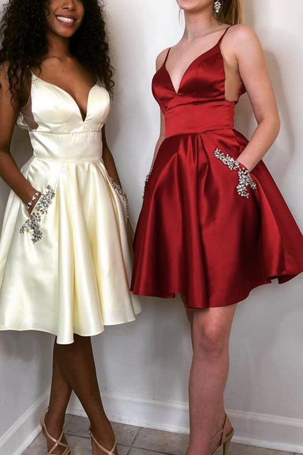 MACloth Straps V Neck Satin Short Prom Homecoming Burgundy Cocktail Party Dress