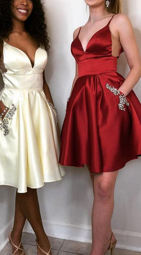 MACloth Straps V Neck Satin Short Prom Homecoming Burgundy Cocktail Party Dress