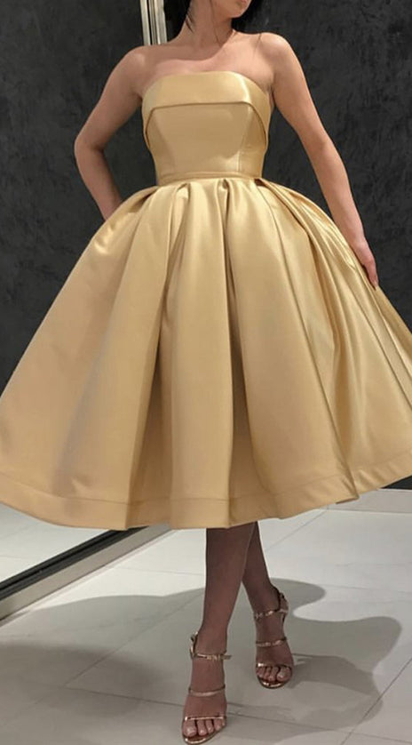 MACloth Strapless Midi Prom Homecoming Dress Gold Cocktail Party Dress