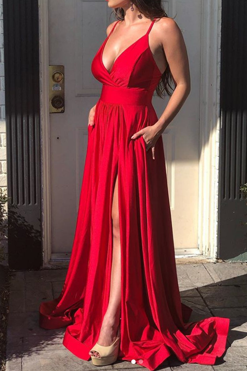 Vestido de noche formal de jersey con tirantes finos y escote en V de MACloth, vestido largo de dama de honor en azul real