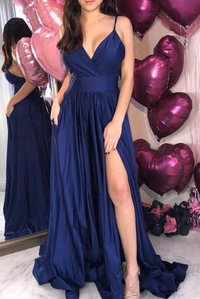 MACloth Spaghetti Straps V Neck Jersey Evening Formal Gown Royal Blue Long Bridesmaid Dress