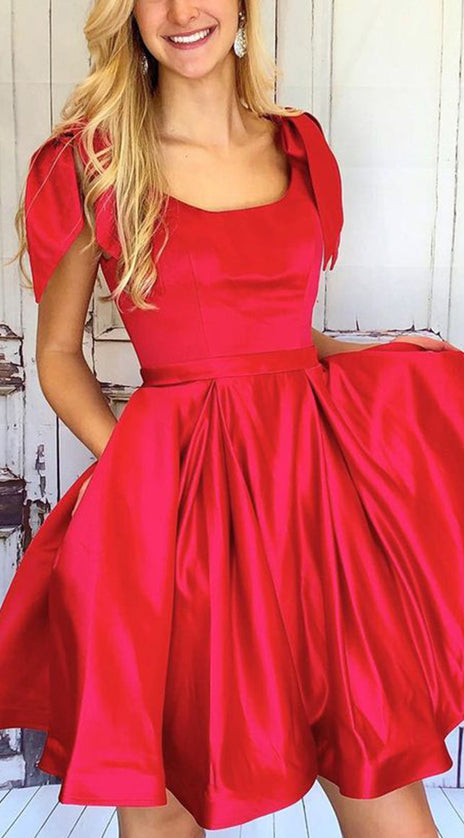 MACloth Straps with Bows Scoop Neck Short Prom Homecoming Dress Red Cocktail Party Dress