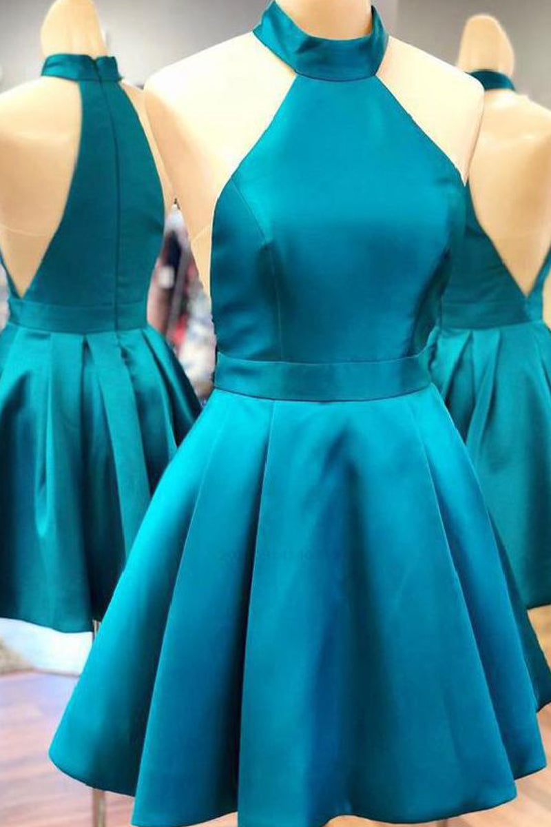 MACloth Neckholder-Hochhals-Satin-Kurzes Ball-/Homecoming-Kleid Blaues formelles Cocktailkleid
