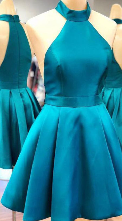 MACloth Halter High Neck Satin Short Prom Homecoming Dress Blue Formal Cocktail Dress