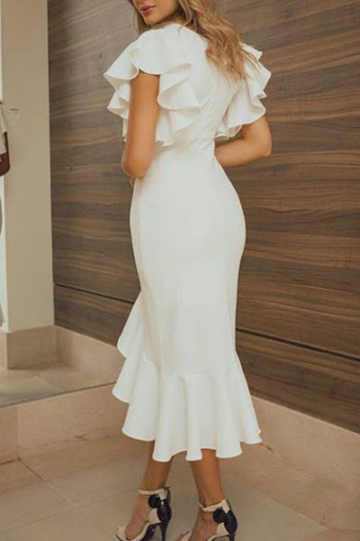 MACloth Short Sleeves with Ruffled Midi Cocktail Party Dress Ivory Wedding Party Dress