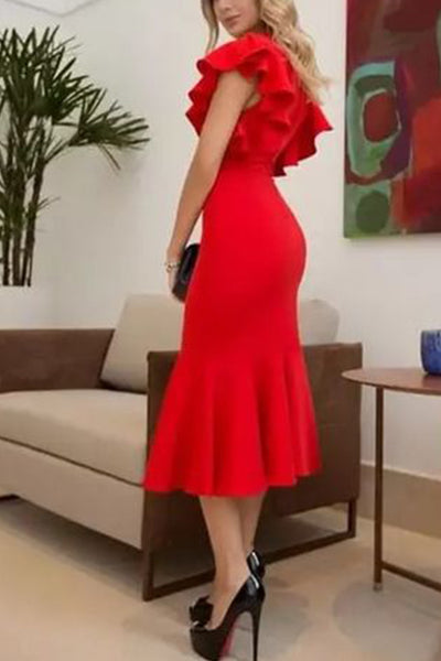 MACloth Short Sleeves with Ruffled Sheath Midi Cocktail Dress Red Tea Length Formal Party Dress