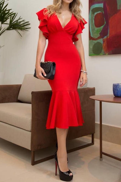 MACloth Short Sleeves with Ruffled Sheath Midi Cocktail Dress Red Tea Length Formal Party Dress