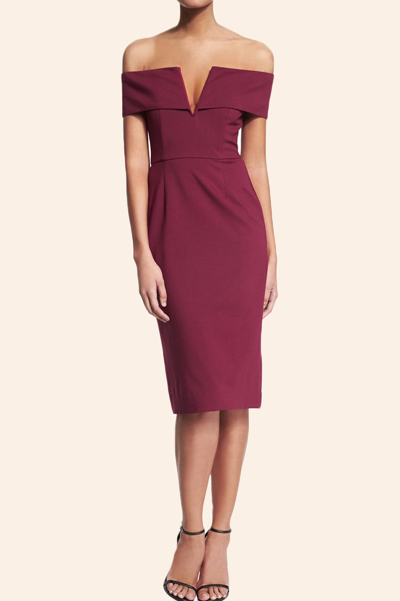 Vestido de cóctel rojo de fiesta formal con escote en V y hombros descubiertos de MACloth