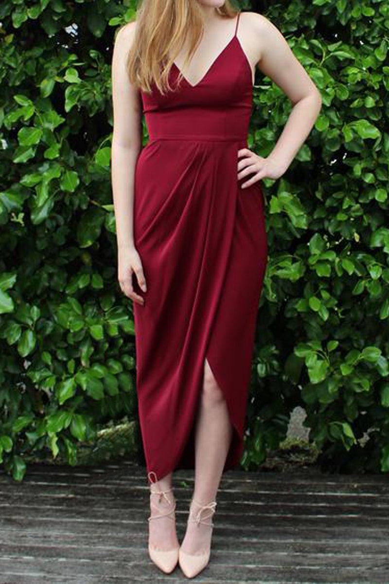 Vestido de cóctel de fiesta de corte alto y bajo con escote en V y tirantes finos de MACloth, vestido formal verde oscuro