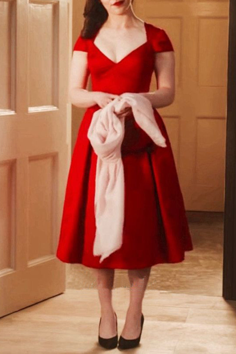 MACloth Cap Sleeves V Neck Red Midi Cocktail Dress Classic Little Red Dress