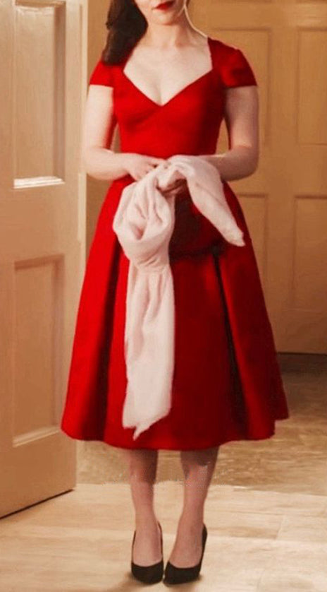 MACloth Cap Sleeves V Neck Red Midi Cocktail Dress Classic Little Red Dress