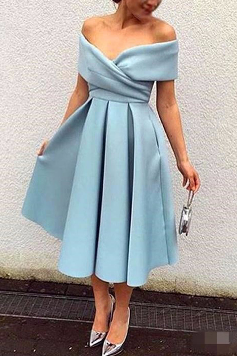 MACloth Off the Shoulder Satin Midi Cocktail Dress Sky Blue Tea Length Formal Dress
