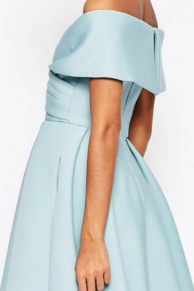 MACloth Off the Shoulder Satin Midi Cocktail Dress Sky Blue Tea Length Formal Dress