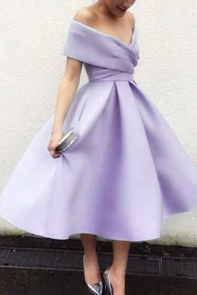 MACloth Off the Shoulder Satin Midi Cocktail Dress Sky Blue Tea Length Formal Dress
