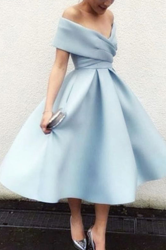 MACloth Off the Shoulder Satin Midi Cocktail Dress Sky Blue Tea Length Formal Dress