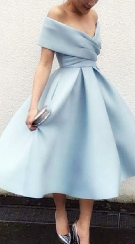 MACloth Off the Shoulder Satin Midi Cocktail Dress Sky Blue Tea Length Formal Dress