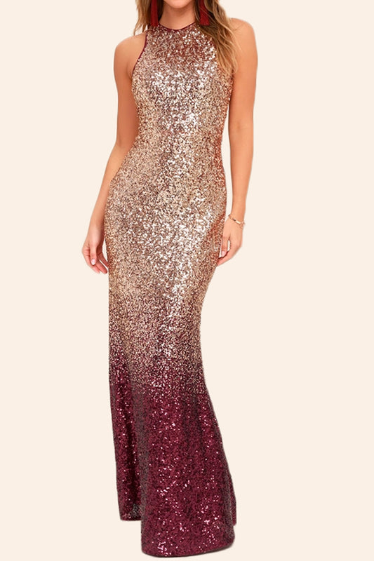 Vestido largo de dama de honor formal de noche con escote en V y lentejuelas color oro rosa burdeos de MACloth