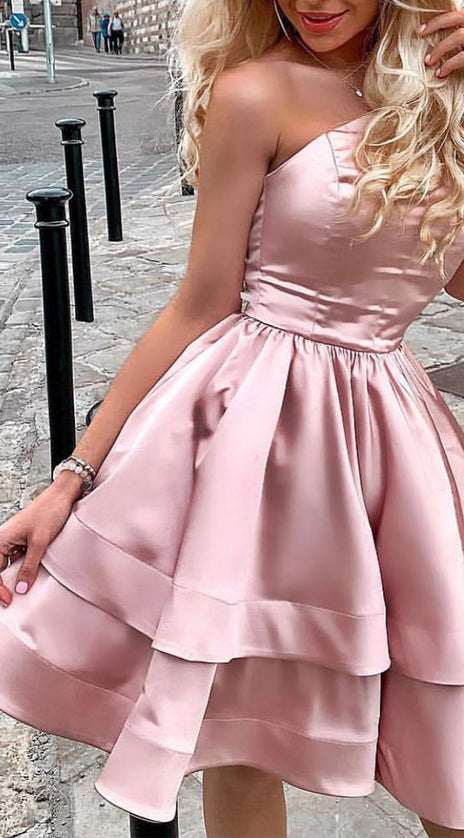 MACloth Strapless Tiered Mini Prom Homecoming Dress Pearl Pink Cocktail Party Dress