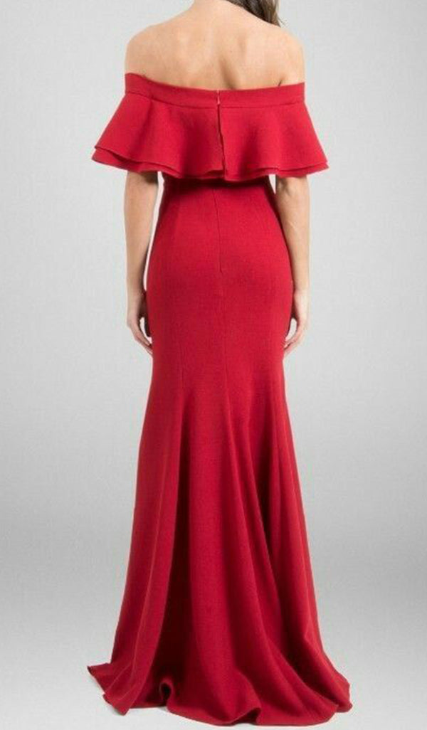 MACloth Schulterfreies, gerüschtes Meerjungfrau-Ballkleid, rotes formelles Abendkleid