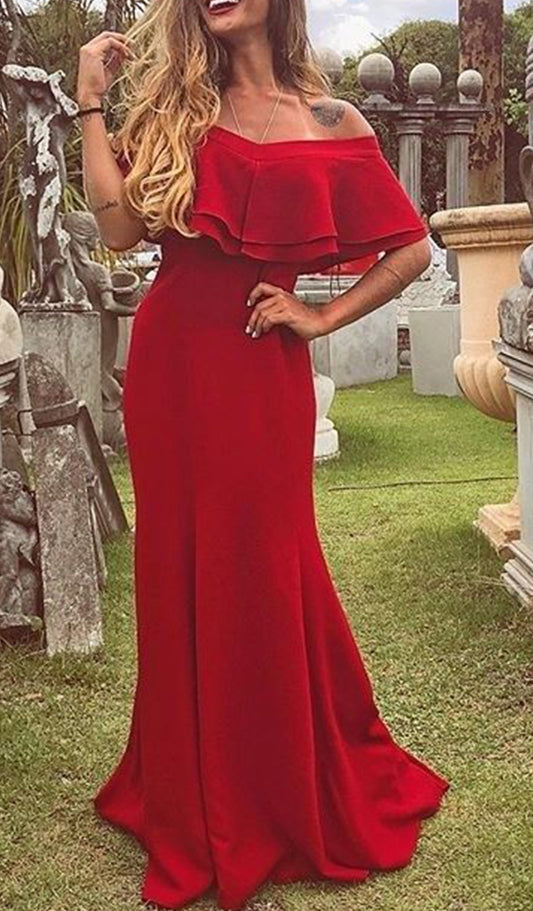 Vestido de fiesta de sirena con volantes y hombros descubiertos de MACloth, vestido de noche formal rojo