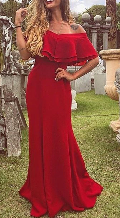 MACloth Off the Shoulder Ruffled Mermaid Prom Dress Red Formal Evening Gown