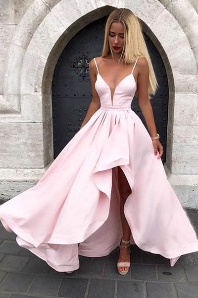 MACloth Spaghetti Straps V Neck High Low Bridesmaid Dress Pink Cocktail Party Dress