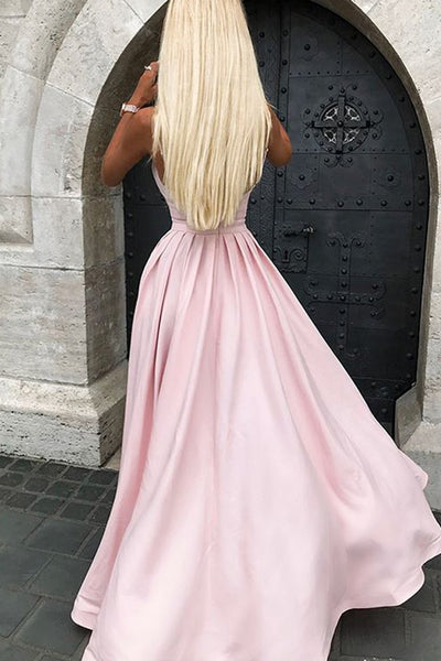 MACloth Spaghetti Straps V Neck High Low Bridesmaid Dress Pink Cocktail Party Dress