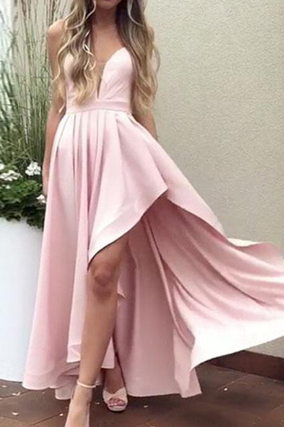 MACloth Spaghetti Straps V Neck High Low Bridesmaid Dress Pink Cocktail Party Dress