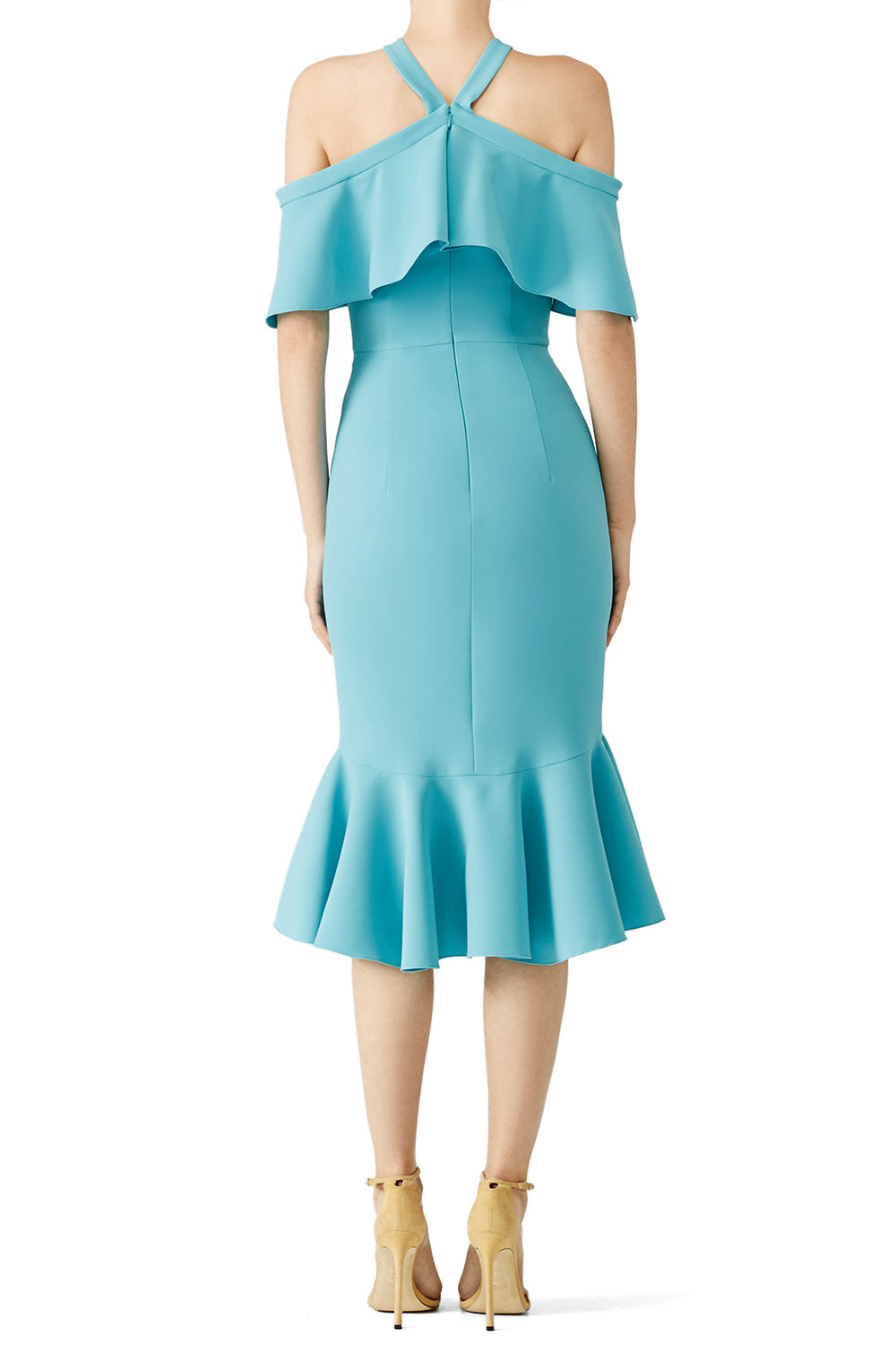 MACloth Cocktailkleid mit Rüschen, schulterfrei, Midikleid für Hochzeit und Party, Stahlblau