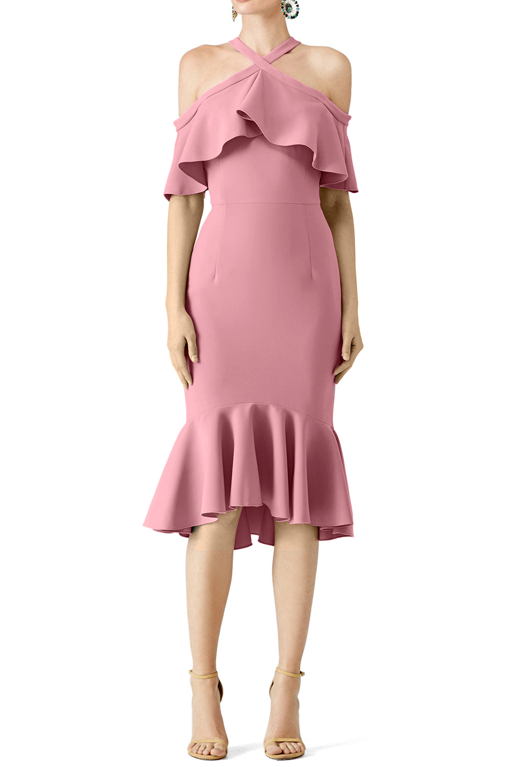 MACloth Cocktailkleid mit Rüschen, schulterfrei, Midikleid für Hochzeit und Party, Stahlblau