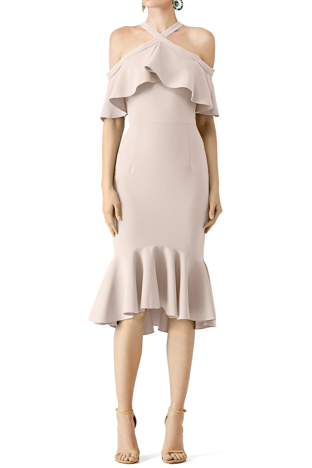 MACloth Cocktailkleid mit Rüschen, schulterfrei, Midikleid für Hochzeit und Party, Stahlblau