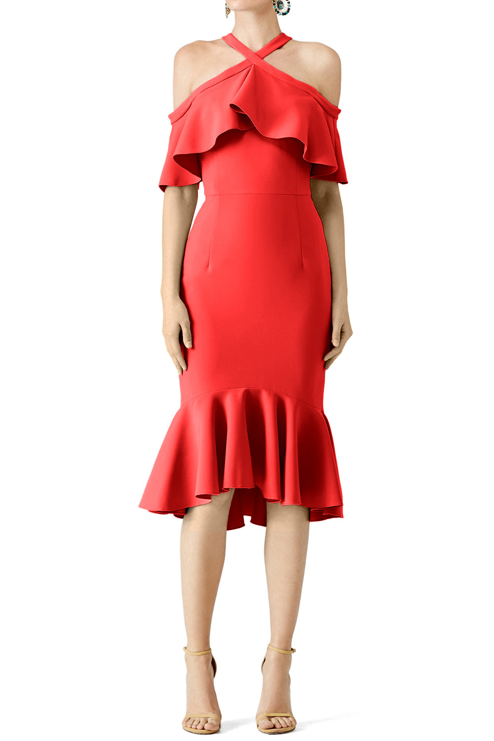 MACloth Cocktailkleid mit Rüschen, schulterfrei, Midikleid für Hochzeit und Party, Stahlblau