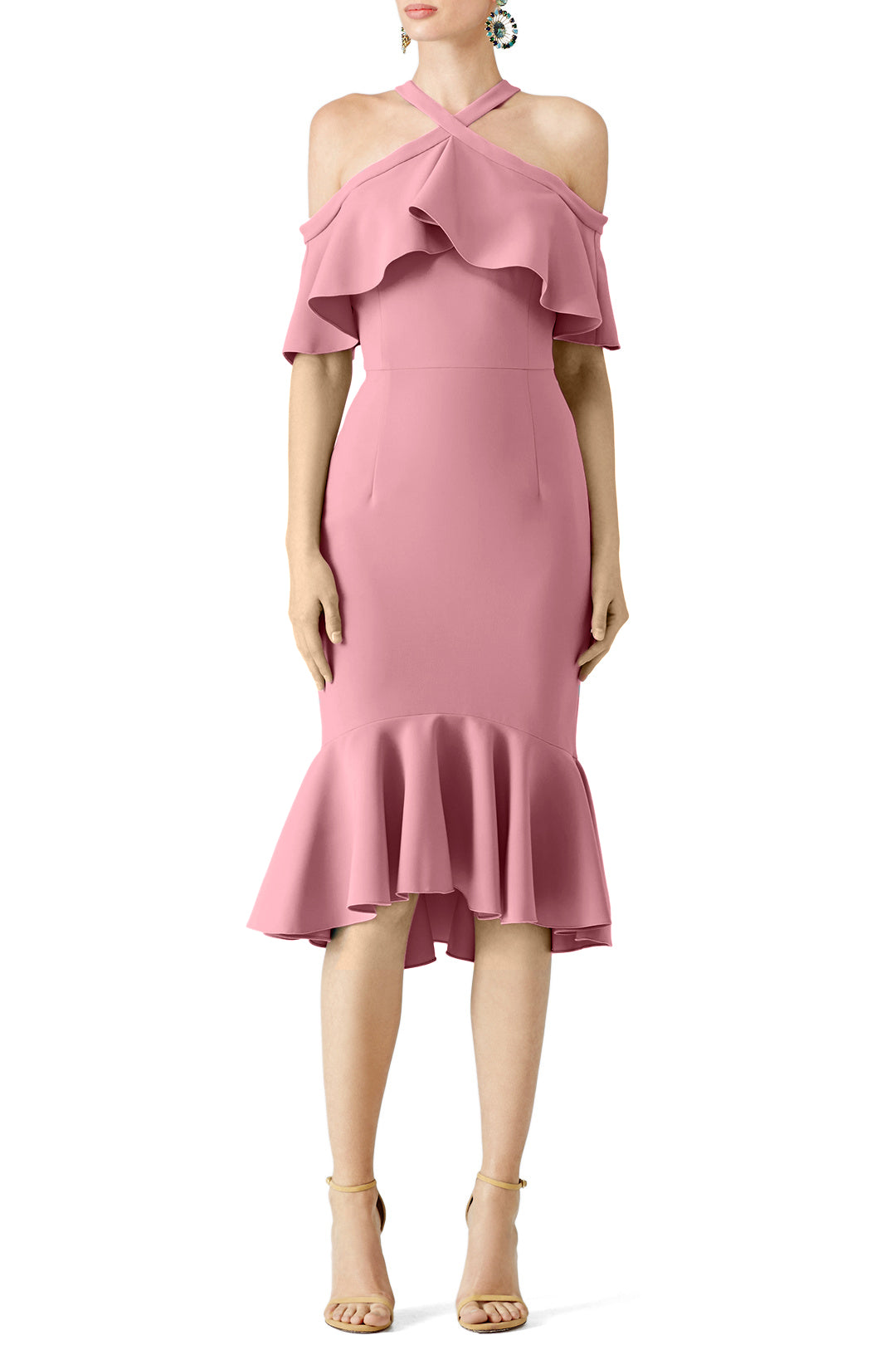 MACloth Cocktailkleid mit Rüschen, schulterfrei, Midikleid für Hochzeit und Party, Stahlblau