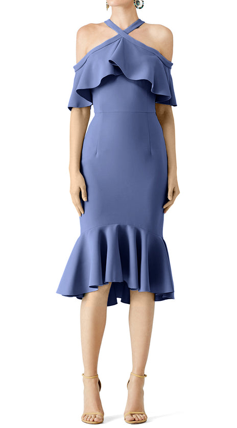 MACloth Steel Blue Cold Shoulder Ruffle Cocktail Dress Midi Wedding Party Dress