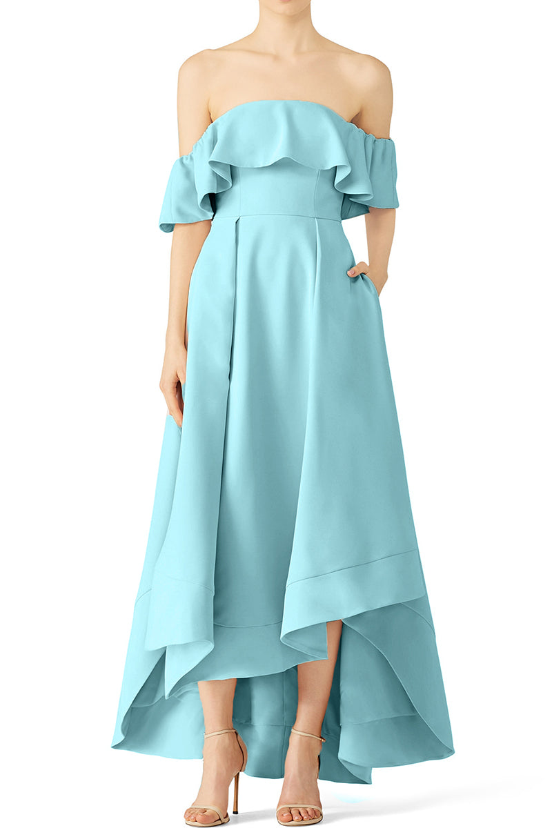 MACloth Off the Shoulder High Low Formales Abendkleid Stahlblau Hochzeitspartykleid