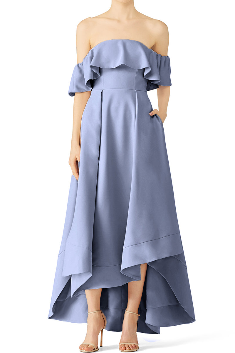 MACloth Off the Shoulder High Low Formales Abendkleid Stahlblau Hochzeitspartykleid