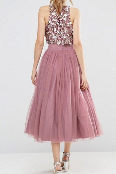 MACloth Two Piece Sequined Tulle Midi Bridesmaid Dress Dusty Rose Cocktail Dress