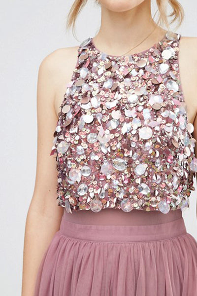 MACloth Two Piece Sequined Tulle Midi Bridesmaid Dress Dusty Rose Cocktail Dress