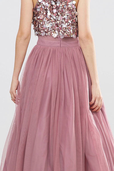 MACloth Two Piece Sequined Tulle Midi Bridesmaid Dress Dusty Rose Cocktail Dress