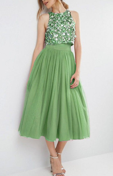 MACloth Two Piece Sequined Tulle Midi Bridesmaid Dress Dusty Rose Cocktail Dress