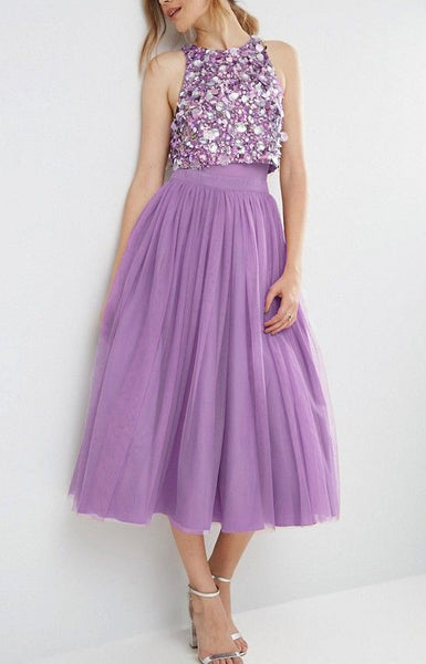 MACloth Two Piece Sequined Tulle Midi Bridesmaid Dress Dusty Rose Cocktail Dress