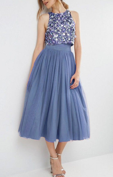 MACloth Two Piece Sequined Tulle Midi Bridesmaid Dress Dusty Rose Cocktail Dress
