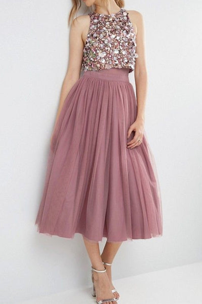 MACloth Two Piece Sequined Tulle Midi Bridesmaid Dress Dusty Rose Cocktail Dress